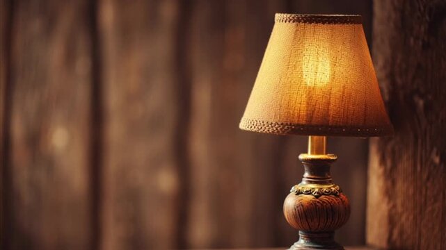 Lit table lamp with a tan shade and wooden base sits against a blurred wooden backdrop