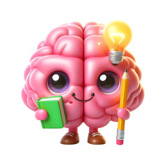 Cartoon Brain Character with Book, Pencil, and Light Bulb. Creative Educational Icon Design