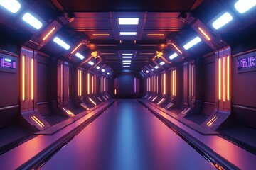 Futuristic sci-fi corridor with glowing neon lights in a high-tech spaceship interior, showcasing vibrant cyberpunk design