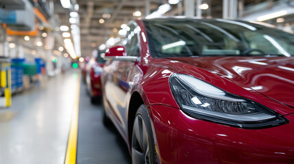 Obraz premium Sleek electric cars on an overhead conveyor in an assembly hall