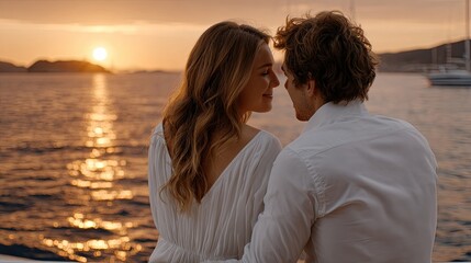 Fototapeta premium Young couple on a yacht at sunset, enjoying a peaceful moment together and soaking in the warmth of the summer atmosphere