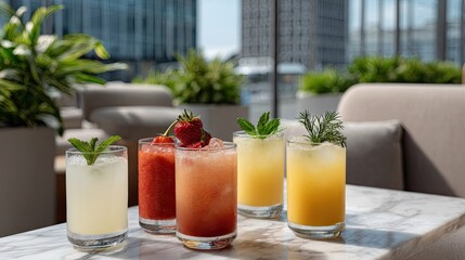 Four vibrant cocktails sit on a marble table in a stylish restaurant, garnished with fresh fruits and illuminated by sunlight