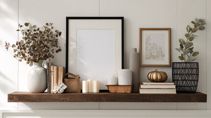 Serene Shelf Display: A beautifully arranged wooden shelf displays a variety of objects, including framed art, candles, decorative vases, books, and a pumpkin, creating a warm, inviting atmosphere.