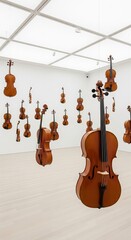 Fototapeta premium Floating violins suspended in a bright minimalist gallery with white walls and light wooden flooring
