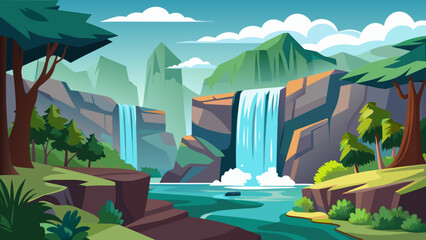 Vector art of two impressive waterfalls tumble down rocky escarpments into a winding river, surrounded by vibrant green trees and majestic, mistshrouded mountains
