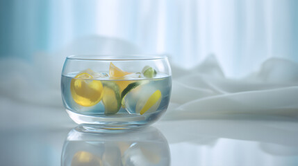 Ice cubes and citrus slices floating in a clear glass bowl