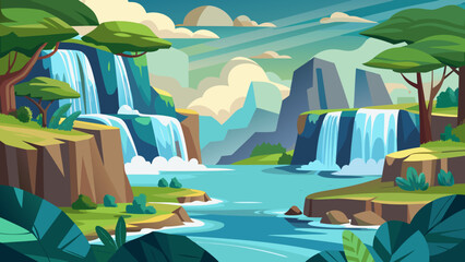 Vector art of a serene river winds through a verdant canyon, featuring multiple picturesque waterfalls cascading down rugged cliffs amidst a backdrop of distant mountains