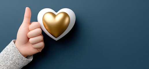 Fototapeta premium A 3D render showcases a white hand gently cradling a shiny golden heart on a soft blue backdrop, emphasizing simplicity and love.