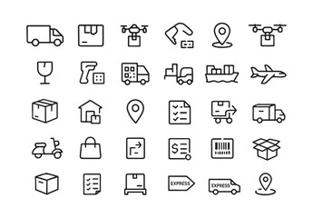 Essential Delivery Logistics Icons – Transport, Drone, Dispatch, Freight, Tracking