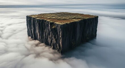 Surreal floating square plateau with grassy top and steep rocky cliffs above a sea of clouds in a dreamlike digital landscape