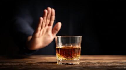 A person is refusing a glass of whiskey, symbolizing abstinence from alcohol or making a healthy choice.