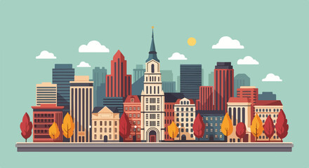 Obraz premium Panoramic Cityscape illustration featuring modern and classic architecture, with buildings and sky. Cityscape showcases varied buildings in urban environment with fall colors.