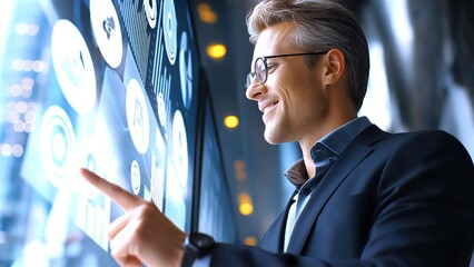 Confident businessperson interacting with holographic data interface, displaying digital analytics, financial graphs in sleek corporate workspace using cutting edge technology