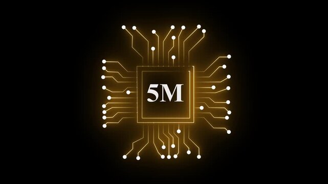 5M Symbol, futuristische Leiterplatte, bewegende Elektronen, elektronische Verbindungen, Kommunikation, Zukunftstechnologie, Hochgeschwindigkeitsnetzwerk, digitale Kommunikation, Schaltkreis, moderne 