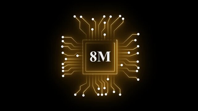 8M Symbol, futuristische Leiterplatte, bewegende Elektronen, elektronische Verbindungen, Kommunikation, Zukunftstechnologie, Hochgeschwindigkeitsnetzwerk, digitale Kommunikation, Schaltkreis, moderne 