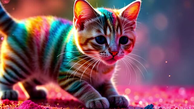 AI Generative Animal kitty sprayed with colorful colors holi, Indian spring festival
