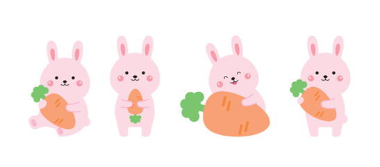 Cute pink rabbits holding carrots with playful expressions. Hand-drawn in pastel colors, perfect for kids&rsquo; products, Easter cards, or nursery decor.