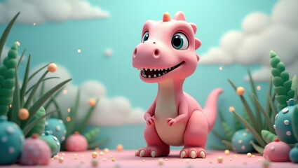 Playful pink dinosaur figurine in a whimsical landscape.