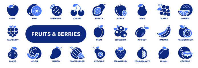 Set of vector solid icons related to fresh fruits and berries, organic food, vegetarian diet and healthy nutrition. Symbols for website or app UI, logo design, illustration