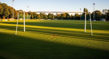 Golden light illuminates a pristine soccer field promising exciting games under the summer sun