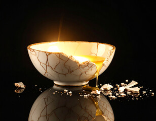 A cracked bowl overflowing with glowing liquid, symbolizing emotional overload and lack of control
