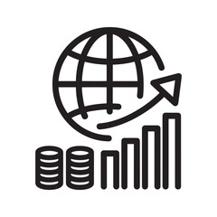 Global economy line icon. Vector illustration of a world globe with stacked coins and a rising bar chart, symbolizing international finance and market growth.
