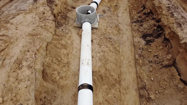 White pipe is being installed in the ground. The pipe is surrounded by dirt and rocks. Concept of hard work and determination as the workers install the pipe