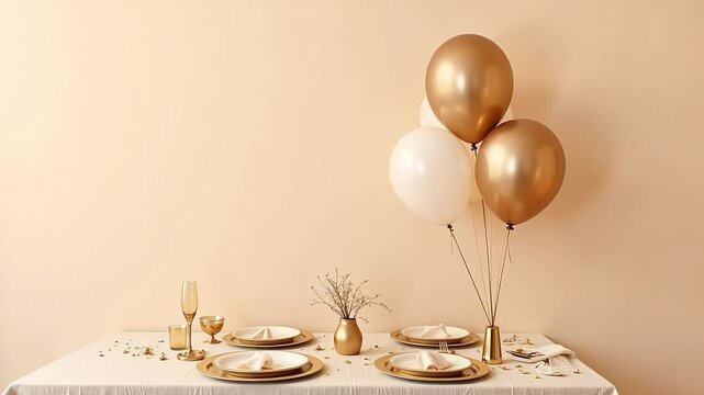Festive table setting with gold and white balloons and elegant dinnerware arrangement party scene