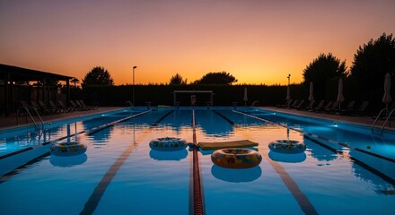 Inviting swimming pool gleams at twilight, promising relaxation and fun for summer vacationers