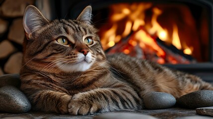 Tabby cat relaxing by warm fireplace in cozy room