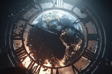 A futuristic clock with Earth at its center, showing city lights and surrounded by shattered clock pieces in a dark, glowing environment.