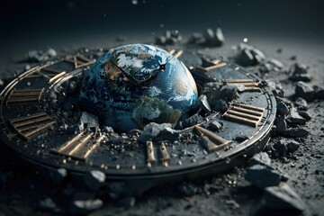 A decaying clock with Roman numerals encircles a partially eroded Earth, symbolizing the passage of time and environmental degradation.