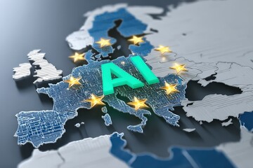 A digital map of Europe highlights AI with stars representing the European Union, emphasizing artificial intelligence development in the region.