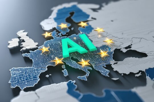 A digital map of Europe highlights AI with stars representing the European Union, emphasizing artificial intelligence development in the region.