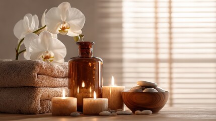 A serene spa setting with white orchids, brown towels, lit candles, smooth stones, and a brown glass bottle on a wooden surface.