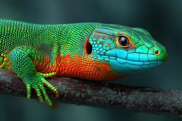 A vibrant green and orange lizard with detailed scales rests on a branch against a dark, blurred background.