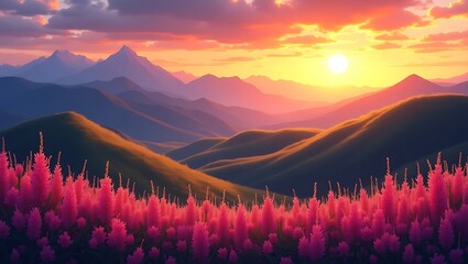 Serene Mountain Sunset with Pink Flowers
