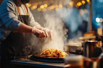 A chef wearing gloves and an apron sprinkles seasoning on steaming street food at a vibrant night market with warm bokeh lights in the background.