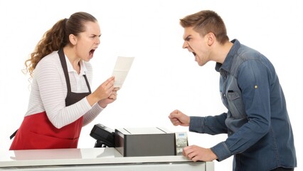 Obraz premium A cashier and customer yelling at each other over a receipt at a checkout counter on white background