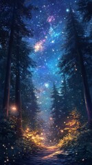 Obraz premium Walking Path Through a Starry Forest at Night