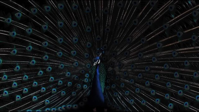 Beautiful, majestic blue peacocks mysterious glowing feather tail display. An elegant and graceful wildlife scene on black background
