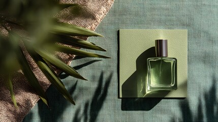 Elegant green perfume bottle on natural surface a captivating minimalist indoor aesthetic
