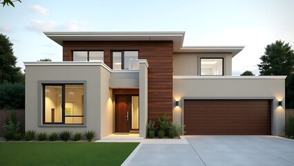 Modern Two Story Home Exterior Design with Brown Wood Accents and Landscaped Yard Architecture