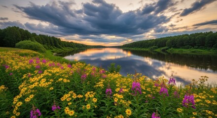 Obraz premium Serene Riverside Landscape Under Dramatic Clouds at Sunset