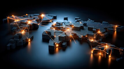 A futuristic digital network map with illuminated nodes and connecting lines on a metallic textured surface.