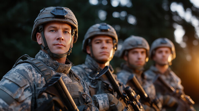Modern Infantry Soldiers in Combat Gear During Evening Light
