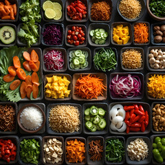 Rustic stone table setting, fresh Asian ingredients, and colorful textures.