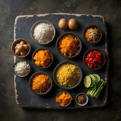 Rustic stone table setting, fresh Asian ingredients, and colorful textures.