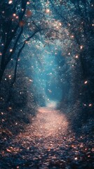 Walking Path Through a Forest with Magical Lighting and Fallen Leaves