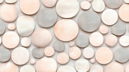 A textured arrangement of circular stones in soft peach and gray hues, suitable for backgrounds in design projects, home decor, or branding materials, conveying a sense of calm and elegance,